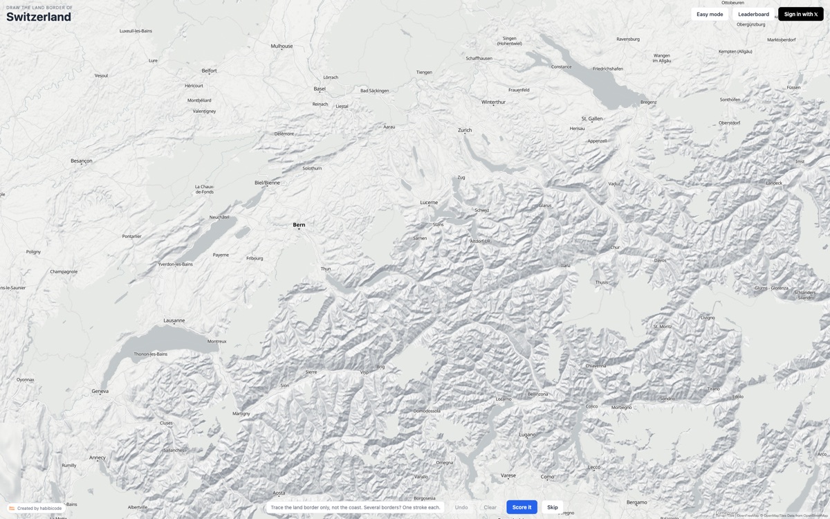 A relief map of Switzerland with no borders, waiting for a line