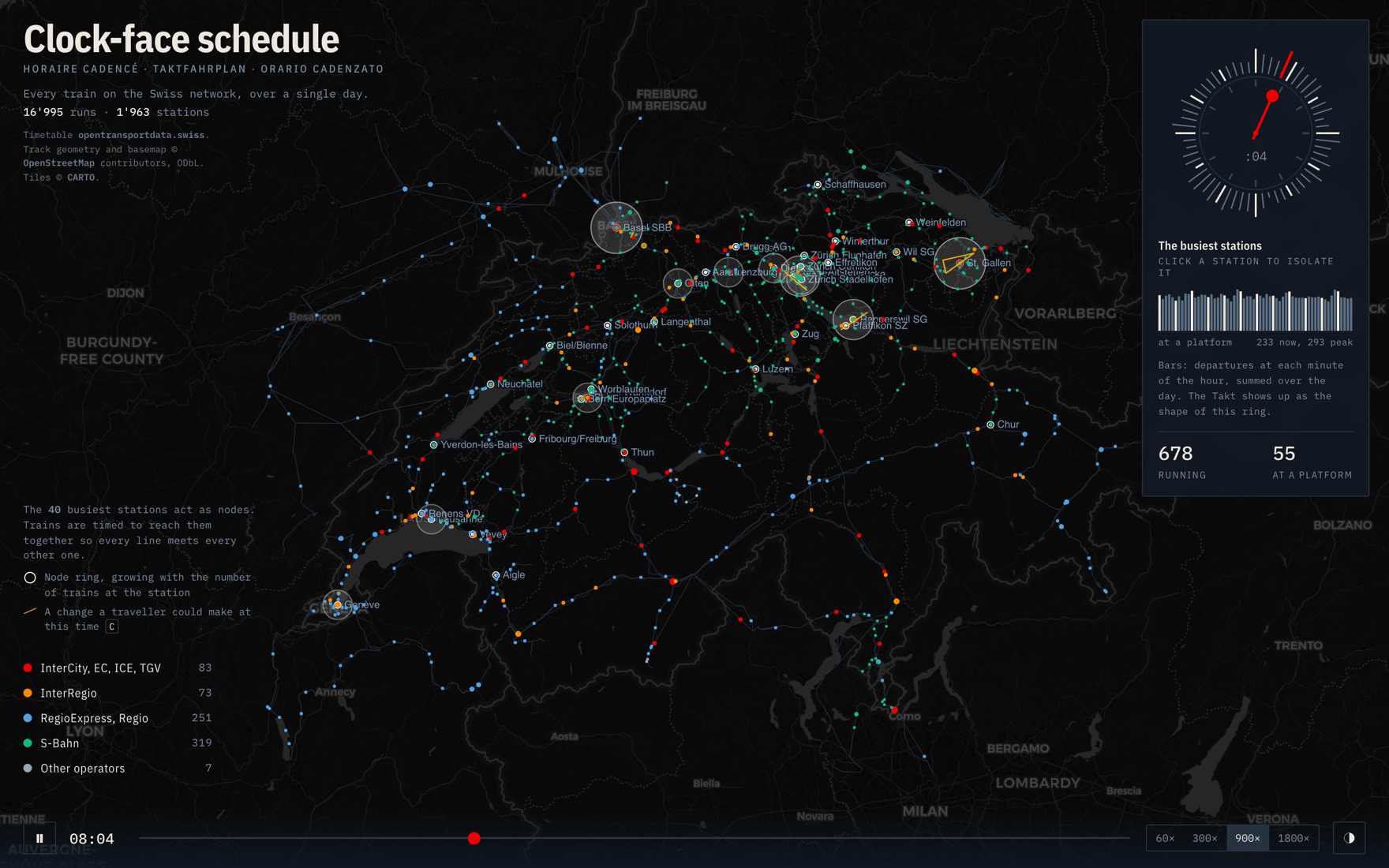 Swiss trains as moving points on a dark map