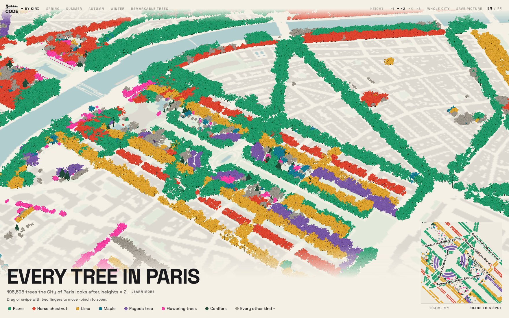Paris drawn only with its trees, in 3D, each coloured by its kind: plane trees, horse chestnuts, limes, maples and more