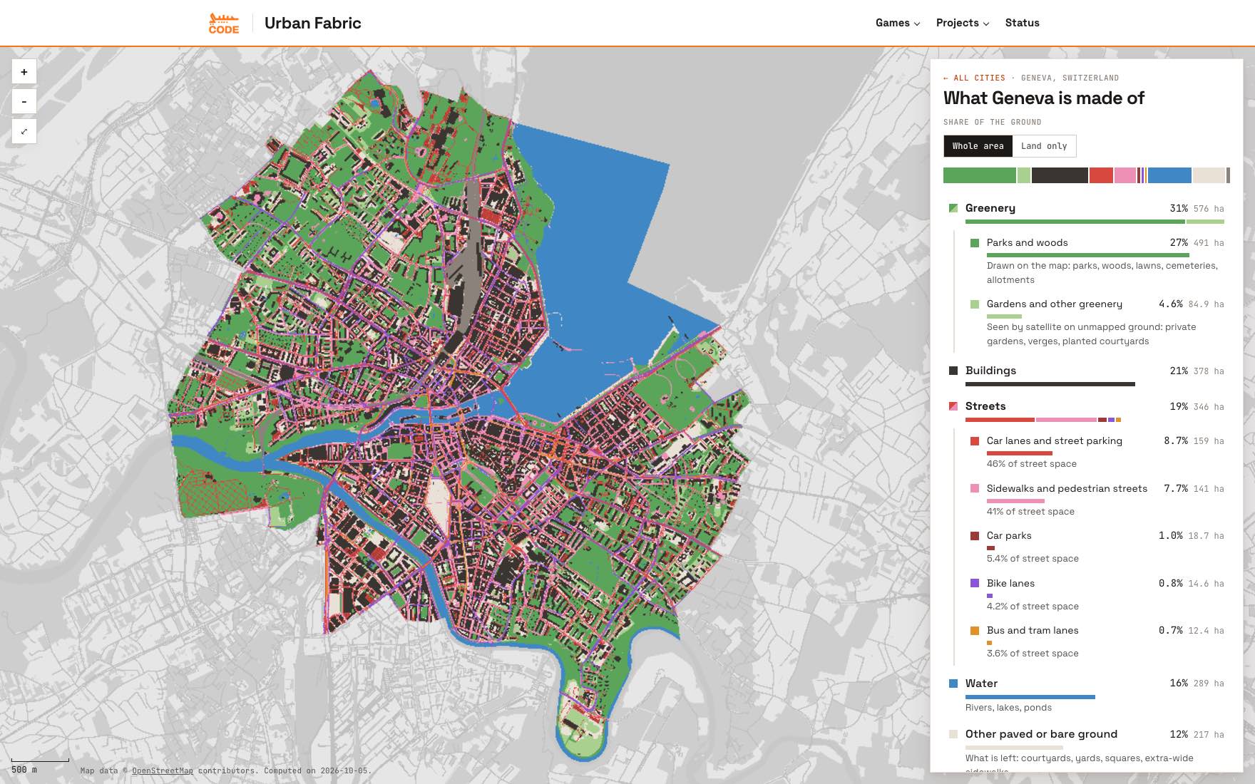 A map of Geneva coloured by what covers the ground