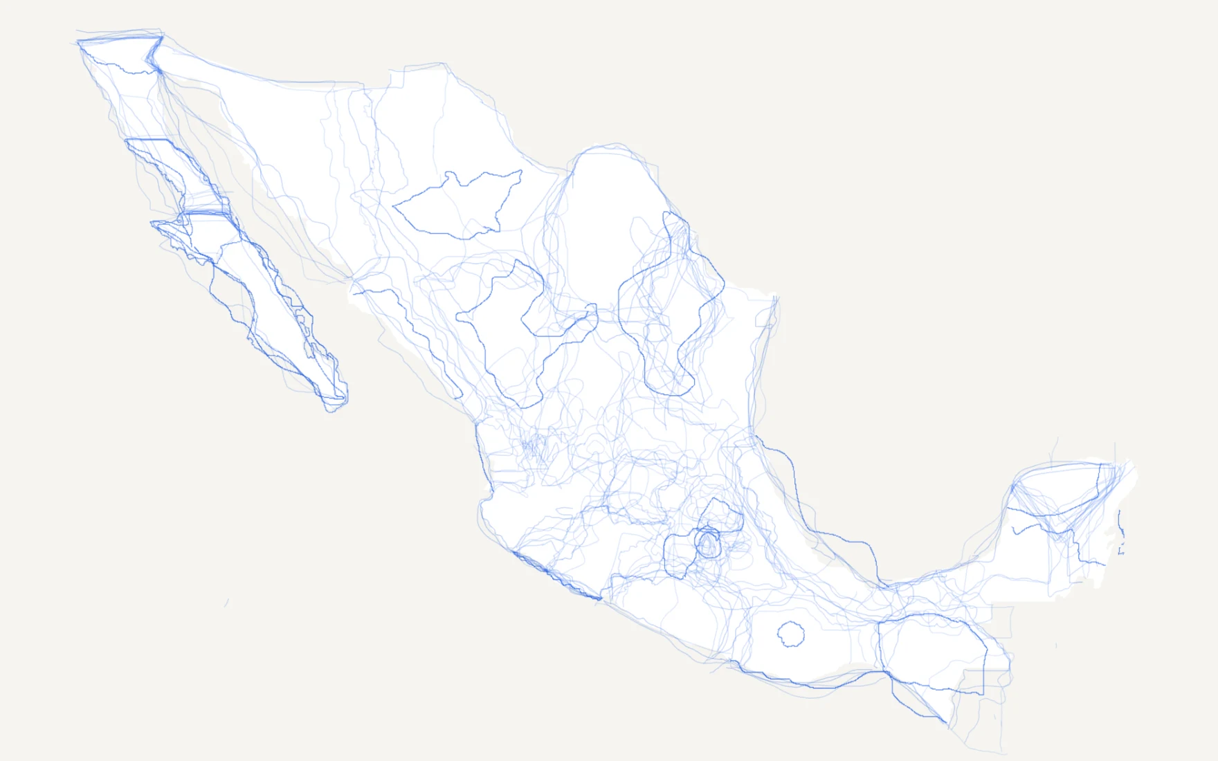 A map of Mexico with no state borders, only blue lines where players have drawn them from memory
