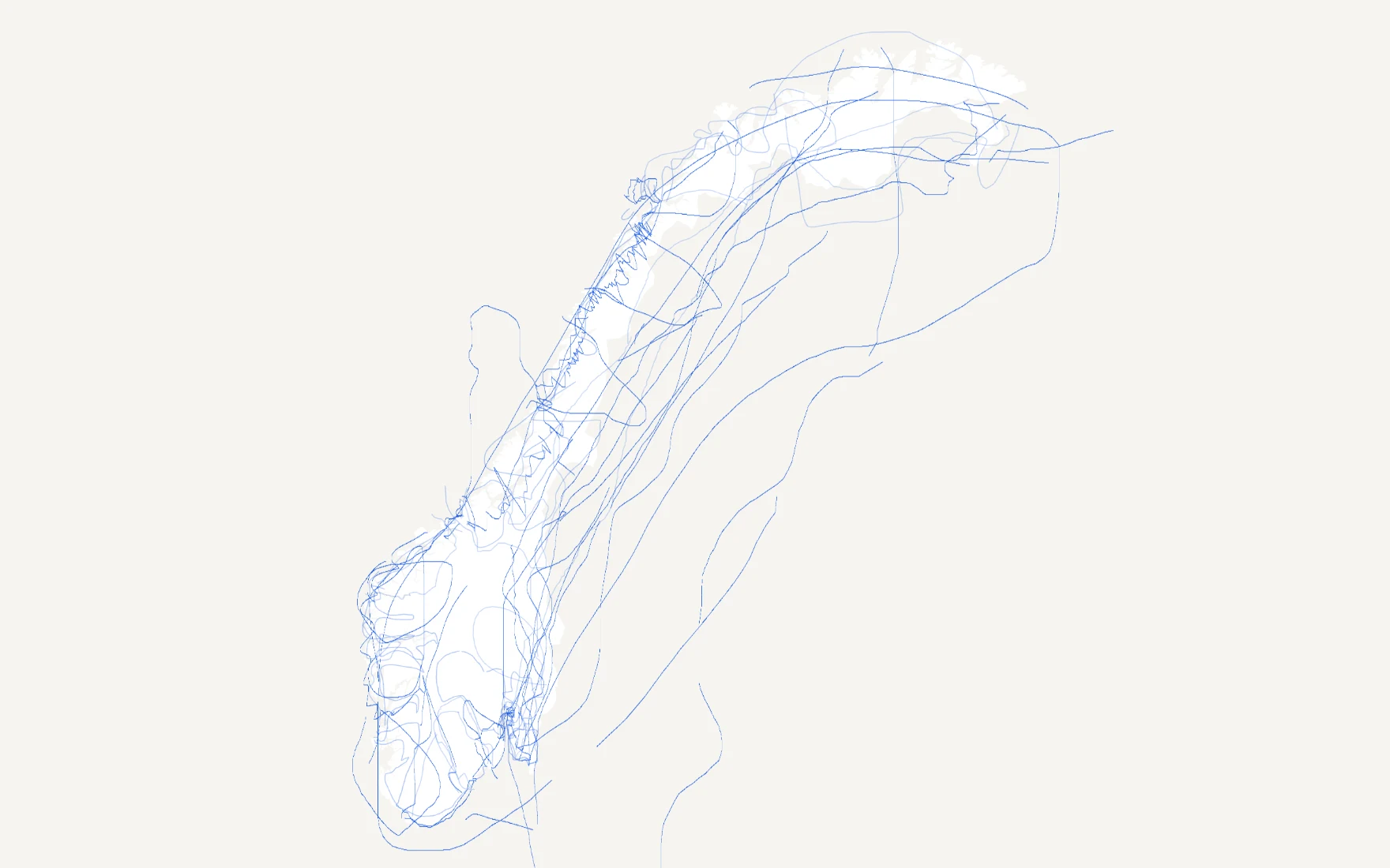A map of Norway with no county borders, only blue lines where players have drawn them from memory